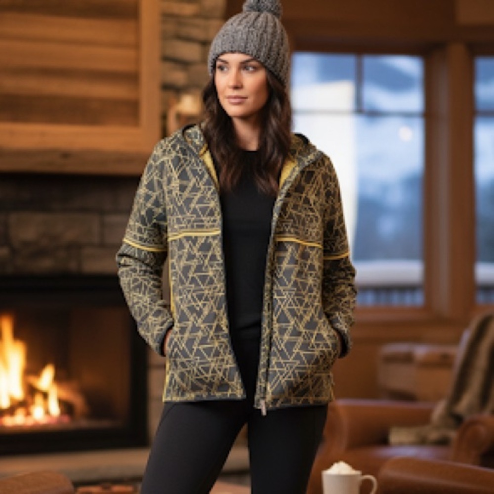 Newland Sz L Abstract Print Grey Yellow Outdoor Hooded Jacket